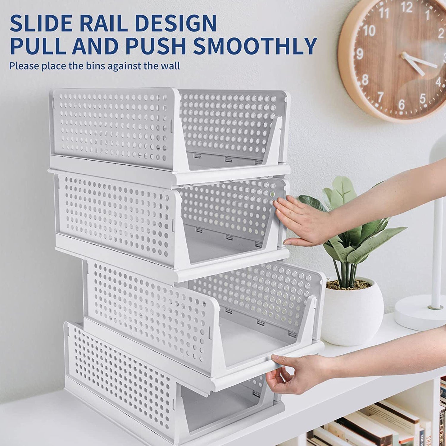 Clothes organizer with four plastic drawers, foldable and stackable for efficient storage. Clothes organizer with four plastic drawers, foldable and stackable for efficient storage.